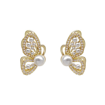 Κομψά σκουλαρίκια με πέτρες και πέρλα - χρυσό χρώμα