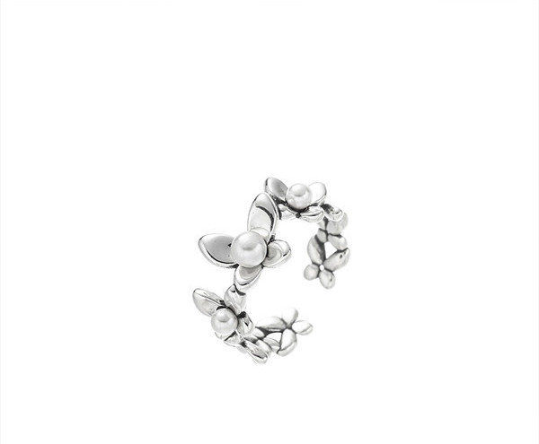 Ρυθμιζόμενο γυναικείο δαχτυλίδι με λουλούδι και πέρλα, ασημί