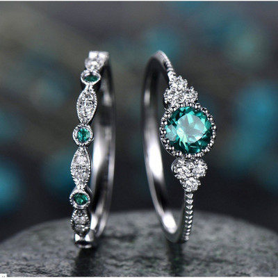 Комплект от два броя тънки пръстени с камъни в зелен или син цвят