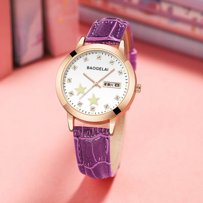 Φωτεινό γυναικείο ρολόι με στρογγυλή θήκη και δερμάτινο λουράκι