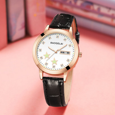 Φωτεινό γυναικείο ρολόι με στρογγυλή θήκη και δερμάτινο λουράκι