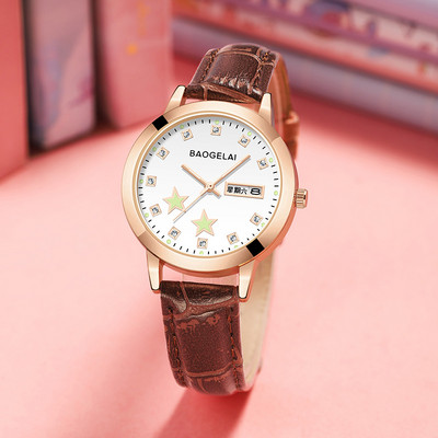 Φωτεινό γυναικείο ρολόι με στρογγυλή θήκη και δερμάτινο λουράκι