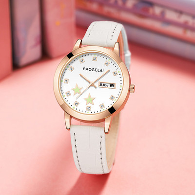 Φωτεινό γυναικείο ρολόι με στρογγυλή θήκη και δερμάτινο λουράκι