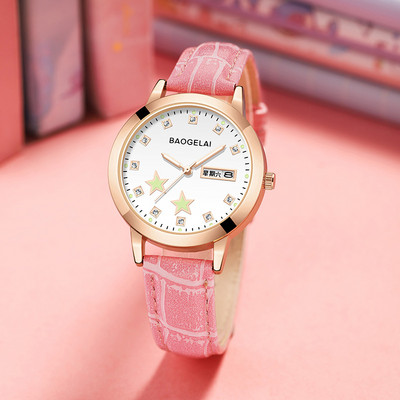 Φωτεινό γυναικείο ρολόι με στρογγυλή θήκη και δερμάτινο λουράκι