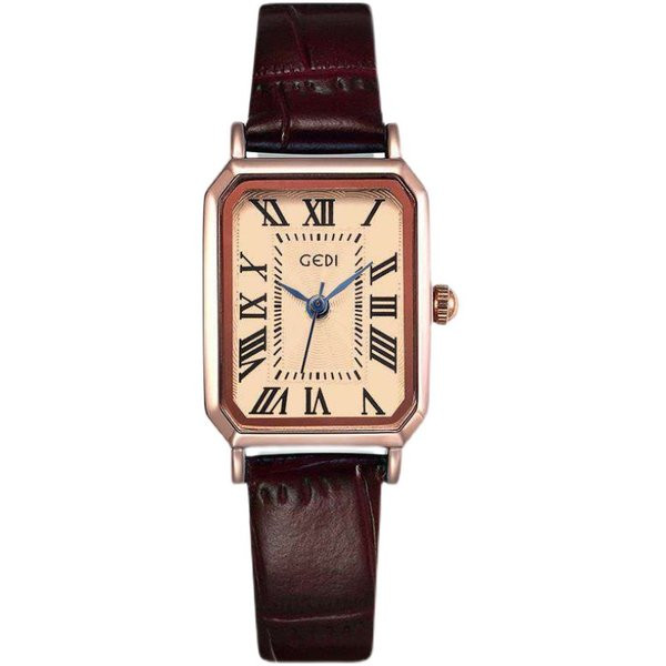 Vienkārša modeļa sieviešu pulkstenis kvadrātveida formā un ādas siksniņā