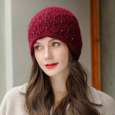 Πλεκτό γυναικείο καπέλο με πέτρες σε διάφορα χρώματα