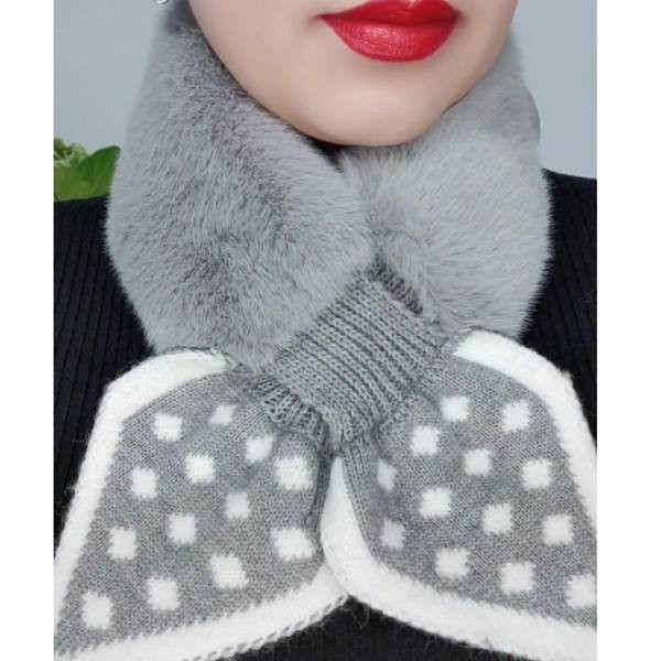 Пухен дамски шал тип яка с плетени връзки