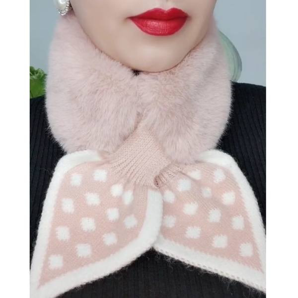 Пухен дамски шал тип яка с плетени връзки