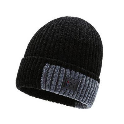 Χειμερινό πλεκτό καπέλο ανδρικό με έμβλημα και ζεστή φόδρα