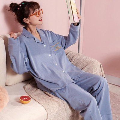 Ženska pamučna pidžama s dugim rukavima i džepovima