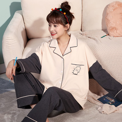 Ženska pamučna pidžama s dugim rukavima i džepovima