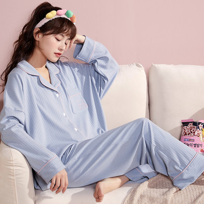 Ženska pamučna pidžama s dugim rukavima i džepovima