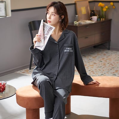 Ženska pamučna pidžama s dugim rukavima i džepovima