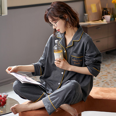 Ženska pamučna pidžama s dugim rukavima i džepovima