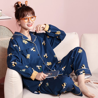 Ženska pamučna pidžama s dugim rukavima i džepovima