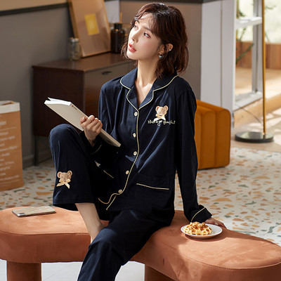 Ženska pamučna pidžama s dugim rukavima i džepovima