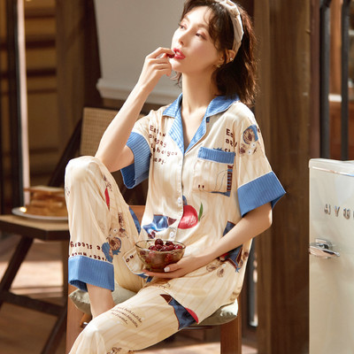 Ženska pidžama u boji iz dva dijela - košulja i duge hlače