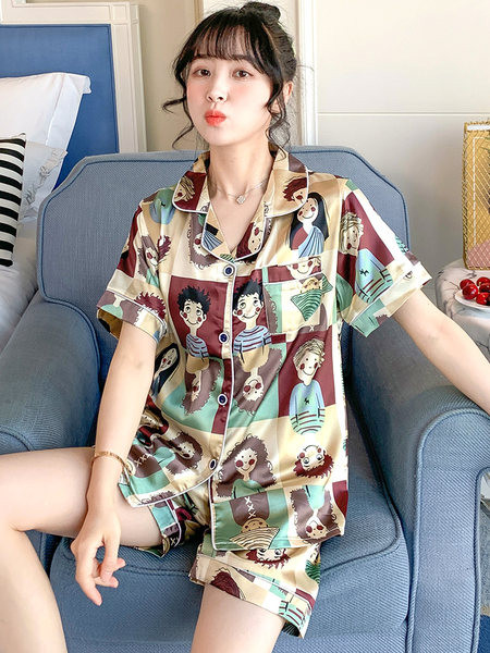 Ženske ljetne pidžame od ledene svile, dvodijelne labave kratke hlače kratkih rukava, crtani studentski kućni servis, tanko ljetno odijelo