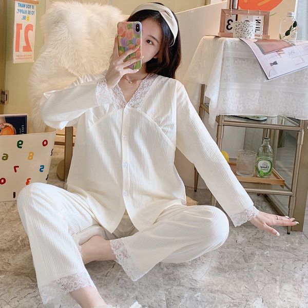 Ženska pidžama duga dvodijelni model sa čipkom