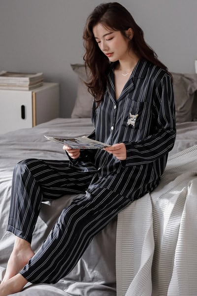 Prugasta ženska pidžama s dvodijelnim gumbima