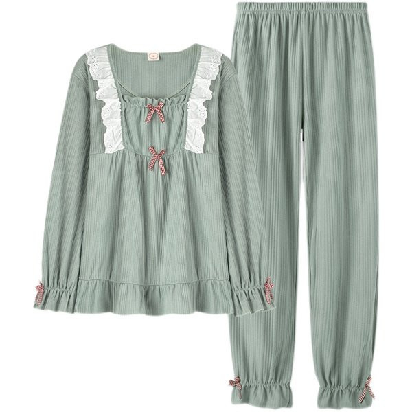 Ženska proljetno-jesenska pidžama iz dva dijela sa ovalnim izrezom i trakom