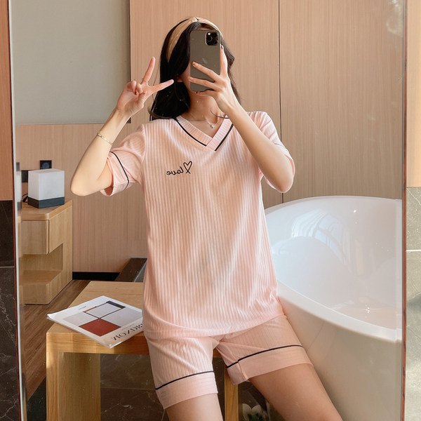 Ženska prugasta pidžama s kratkim rukavima - roze boje