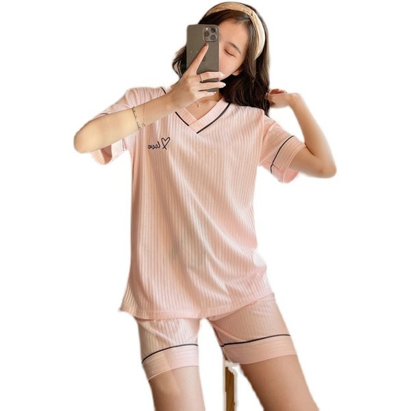 Ženska prugasta pidžama s kratkim rukavima - roze boje