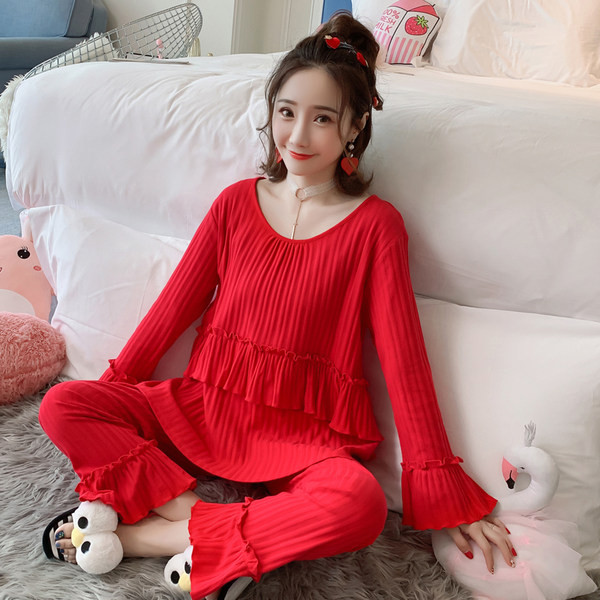 Нов модел дамска пижама от две части с дълъг ръкав и овално деколте 