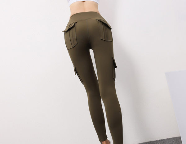 Sportske ženske duge tajice s visokim strukom i džepovima