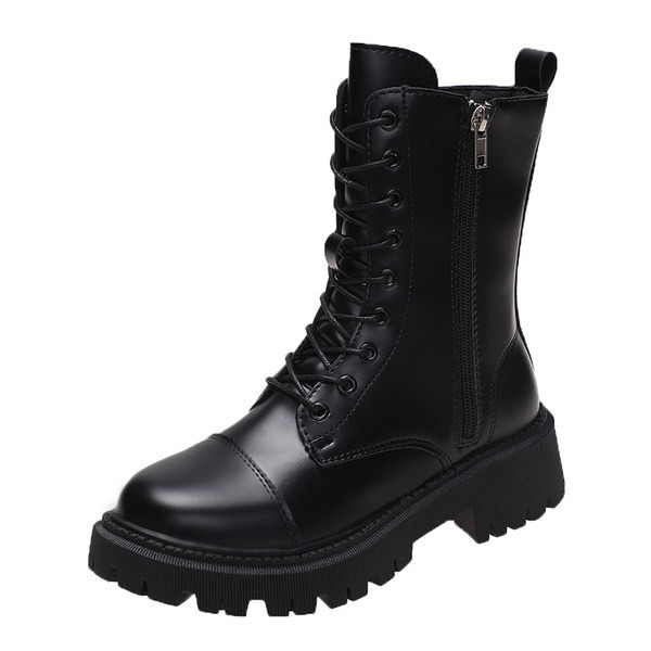 Дамски стилни кожени боти в черен цвят с връзки