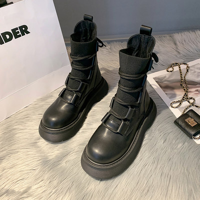 Ženske čizme od eko kože i tekstila sa vezicama i ravnom platformom