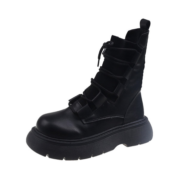 Ženske čizme od eko kože i tekstila sa vezicama i ravnom platformom