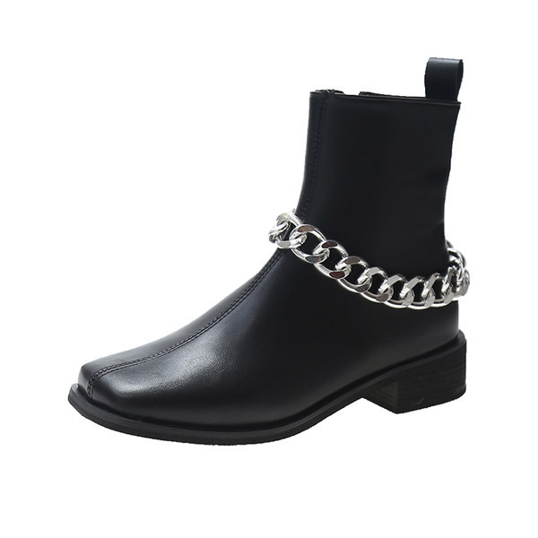 Ženske četvrtaste čizme s metalnim lancem i kopčanjem na zip
