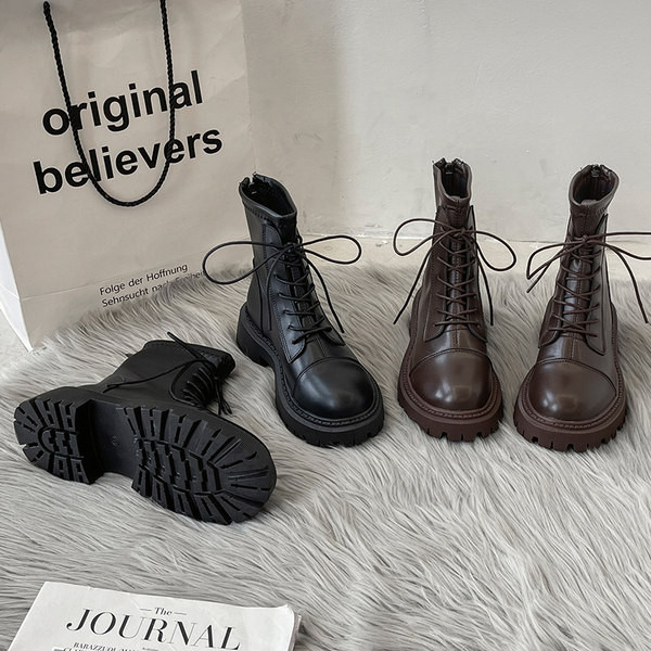 Ženske čizme od umjetne kože s grubim potplatom i vezicama