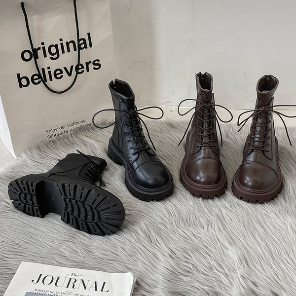 Ženske čizme od umjetne kože s grubim potplatom i vezicama