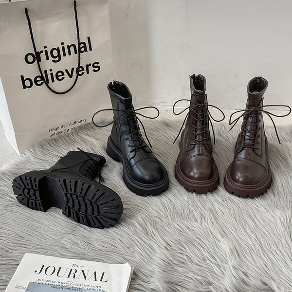 Ženske čizme od umjetne kože s grubim potplatom i vezicama