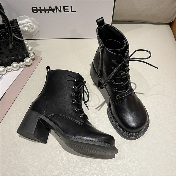 Ženske kožne čizme s debelom četvrtastom petom 5,5 cm s patentnim zatvaračem i vezicama