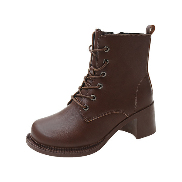 Ženske kožne čizme s debelom četvrtastom petom 5,5 cm s patentnim zatvaračem i vezicama