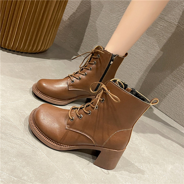 Ženske kožne čizme s debelom četvrtastom petom 5,5 cm s patentnim zatvaračem i vezicama