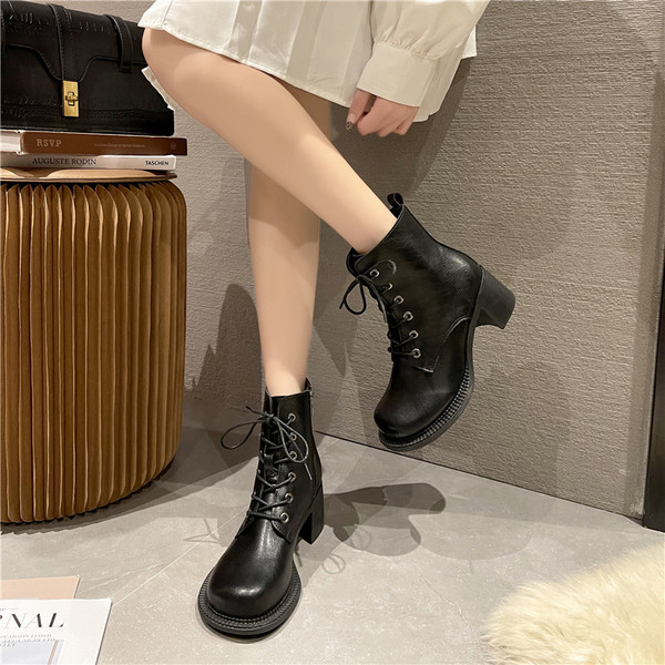 Ženske kožne čizme s debelom četvrtastom petom 5,5 cm s patentnim zatvaračem i vezicama