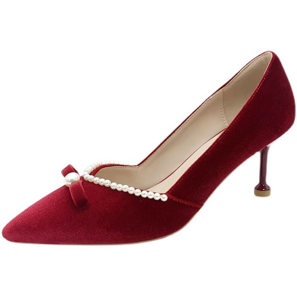 Ženske cipele od crvenog eko antilopa s perlama i trakom