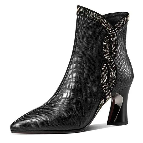 Ženske kožne čizme s visokom petom 7 cm i ukrasnim kamenčićima