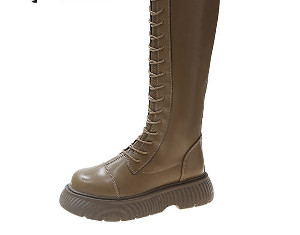 Visoke ženske čizme od eko kože sa grubim đonom i vezicama