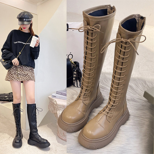 Visoke ženske čizme od eko kože sa grubim đonom i vezicama