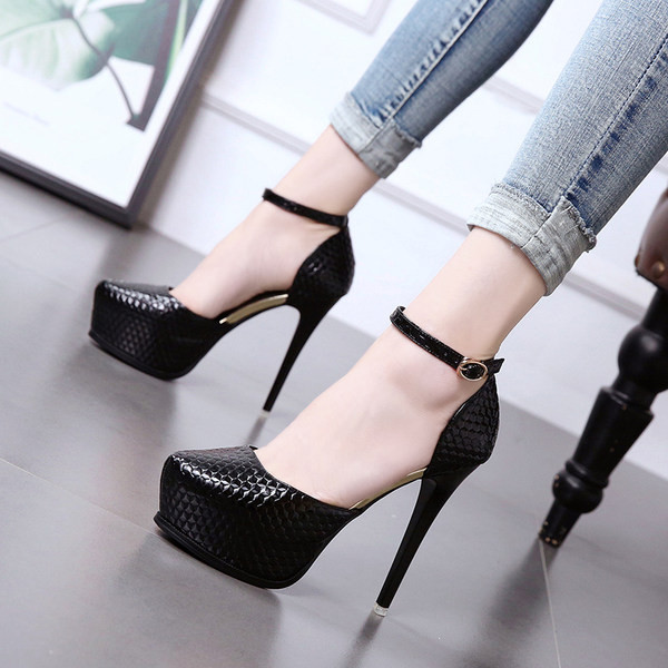 Ženske moderne cipele od eko kože sa visokom petom 12 cm i metalnim kopčanjem