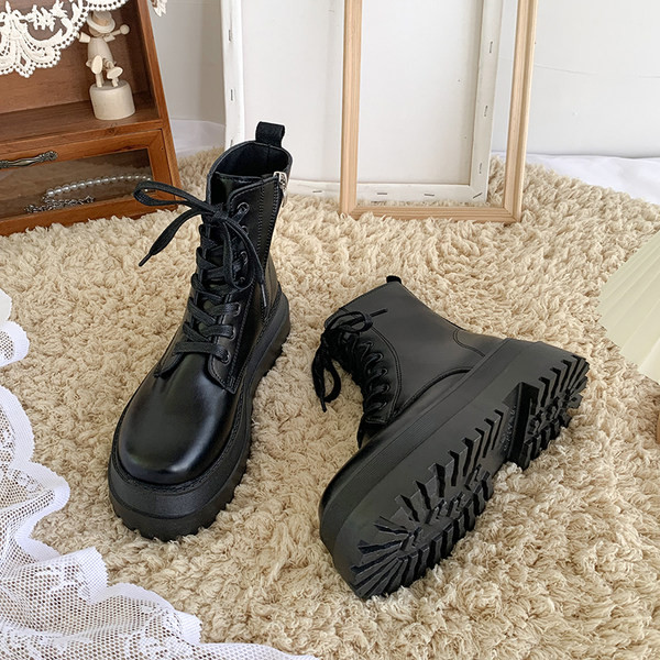 Ženske čizme s grubim potplatom tipa British style s patentnim zatvaračem i vezicama