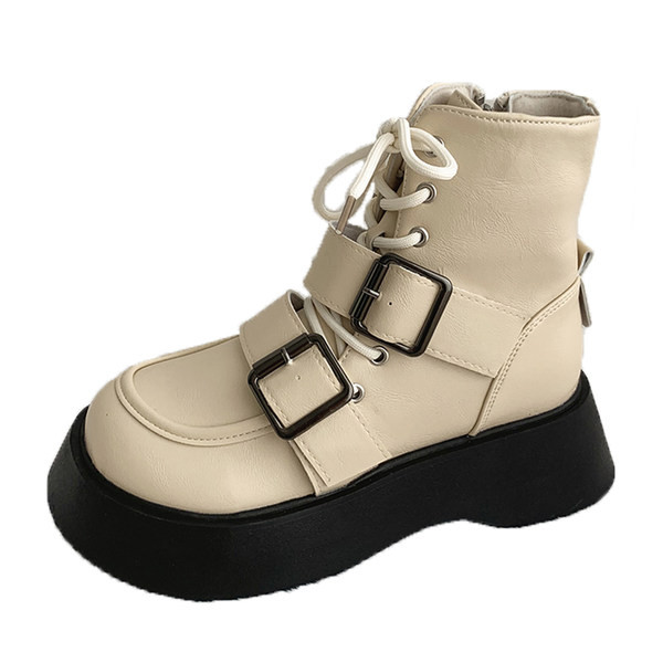 Kožne ženske čizme s vezicama u bež i crnoj boji