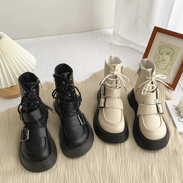 Kožne ženske čizme s vezicama u bež i crnoj boji