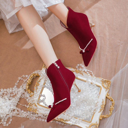 Crvene ženske čizme na petu 6 cm i perle