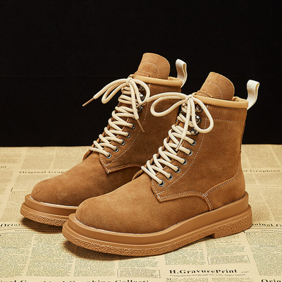 Дамски боти от еко велур с равна подметка и връзки